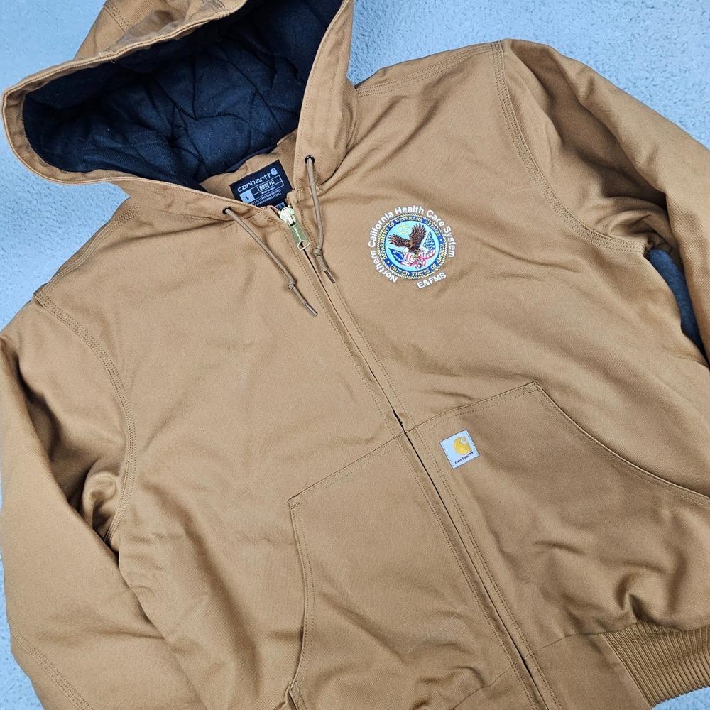 Carhartt Hooded Jacket Men Large Brown OJ0140-M Duck Canvas Quilted VA Logo
